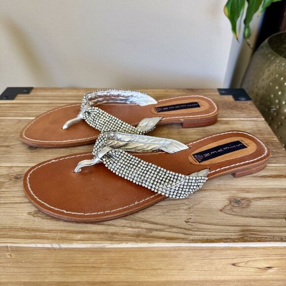 Steven ;Steve Madden Karatz Rhinestone Silver Genuine Leather Strap Thong Sandal - Picture 1 of 12